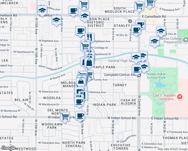 map of restaurants, bars, coffee shops, grocery stores, and more near 613 West Roma Avenue in Phoenix
