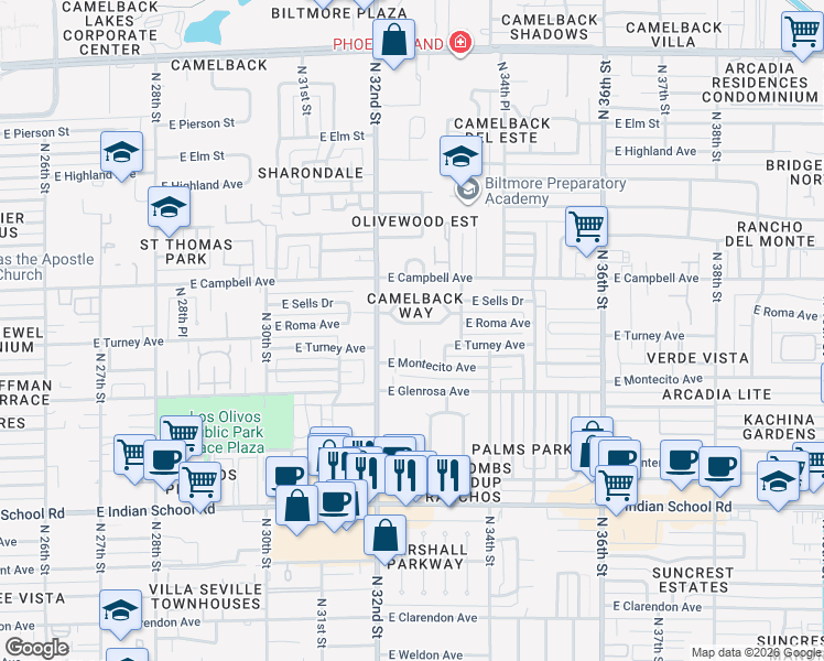 map of restaurants, bars, coffee shops, grocery stores, and more near 3241 East Roma Avenue in Phoenix