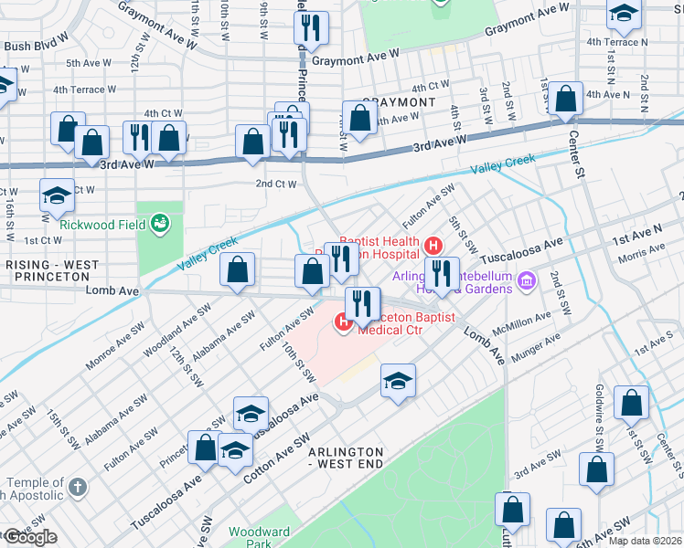 map of restaurants, bars, coffee shops, grocery stores, and more near 316 Princeton Parkway Southwest in Birmingham