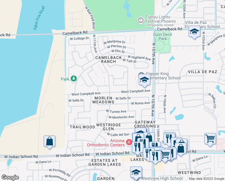 map of restaurants, bars, coffee shops, grocery stores, and more near 10946 West Campbell Avenue in Phoenix