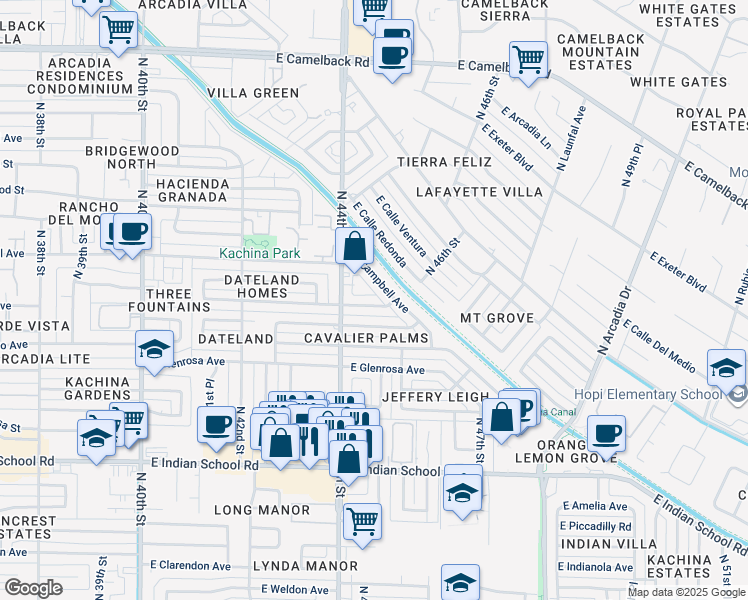 map of restaurants, bars, coffee shops, grocery stores, and more near 4428 East Roma Avenue in Phoenix