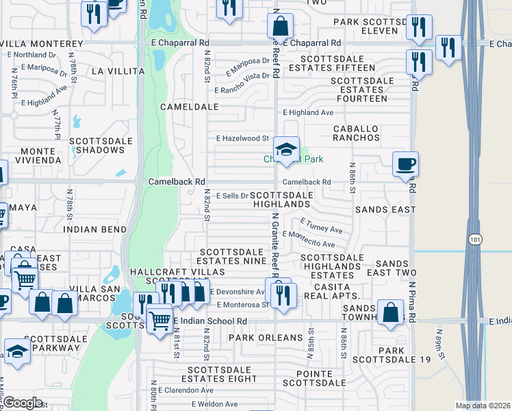 map of restaurants, bars, coffee shops, grocery stores, and more near 8322 East Roma Avenue in Scottsdale