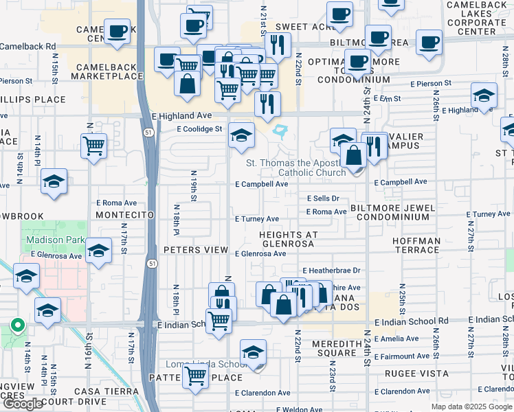 map of restaurants, bars, coffee shops, grocery stores, and more near 2025 East Campbell Avenue in Phoenix