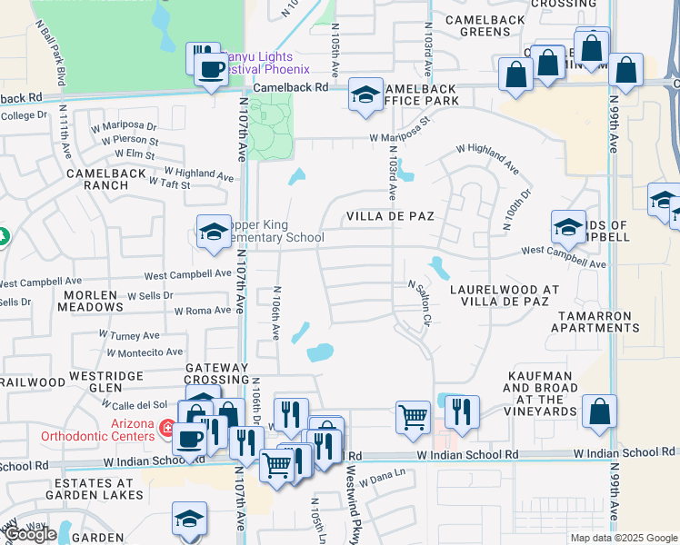 map of restaurants, bars, coffee shops, grocery stores, and more near 10417 West Calle De Edens in Phoenix