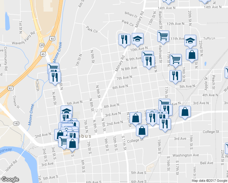 map of restaurants, bars, coffee shops, grocery stores, and more near 515 11th Street North in Columbus