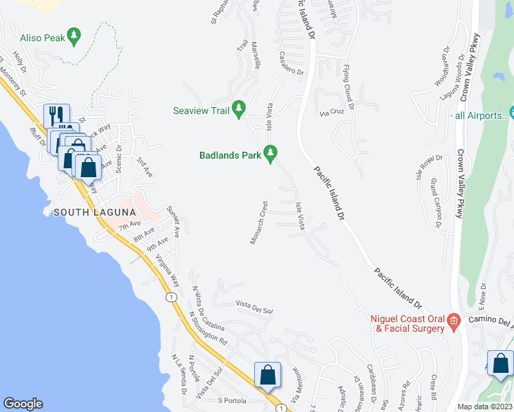 map of restaurants, bars, coffee shops, grocery stores, and more near 31821 Monarch Crest in Laguna Niguel