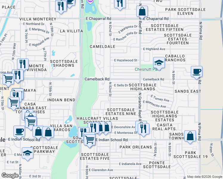map of restaurants, bars, coffee shops, grocery stores, and more near 8206 East Roma Avenue in Scottsdale