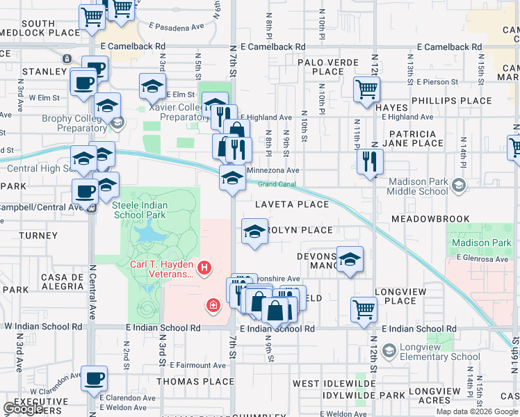 map of restaurants, bars, coffee shops, grocery stores, and more near 805 East Roma Avenue in Phoenix