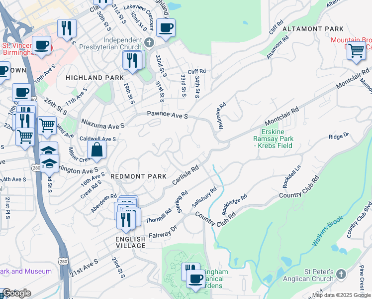 map of restaurants, bars, coffee shops, grocery stores, and more near 1400 Avon Circle South in Birmingham