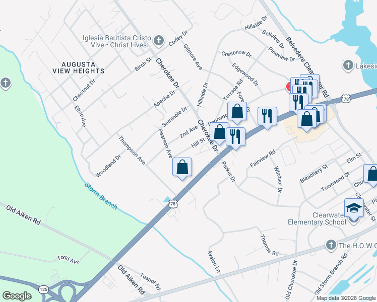 map of restaurants, bars, coffee shops, grocery stores, and more near 346 Hill Street in North Augusta