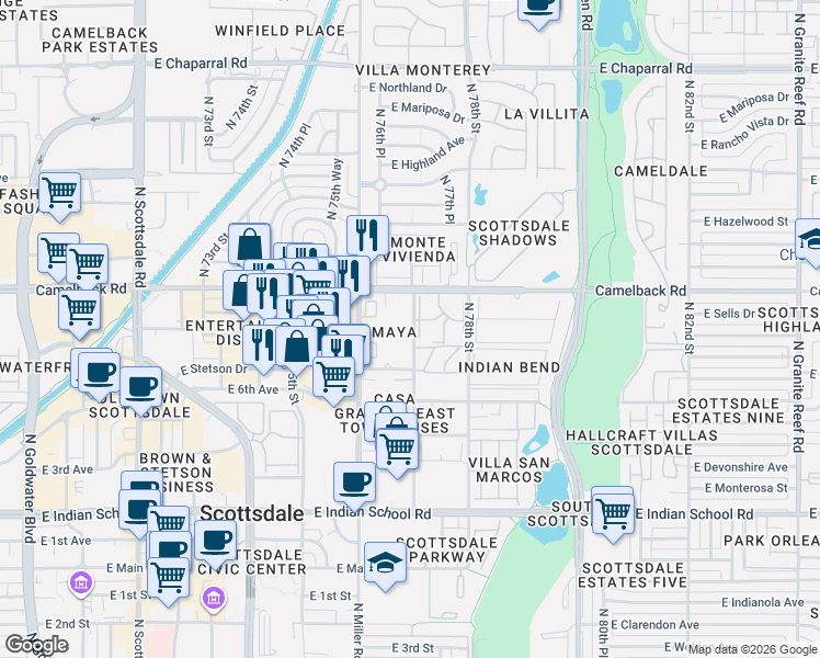 map of restaurants, bars, coffee shops, grocery stores, and more near 4419 North Parkway Avenue in Scottsdale