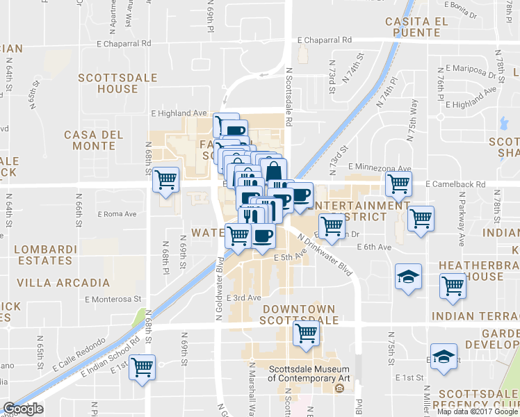 map of restaurants, bars, coffee shops, grocery stores, and more near 165 North Marshall Way in Scottsdale