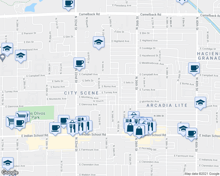 map of restaurants, bars, coffee shops, grocery stores, and more near 3423 East Roma Avenue in Phoenix