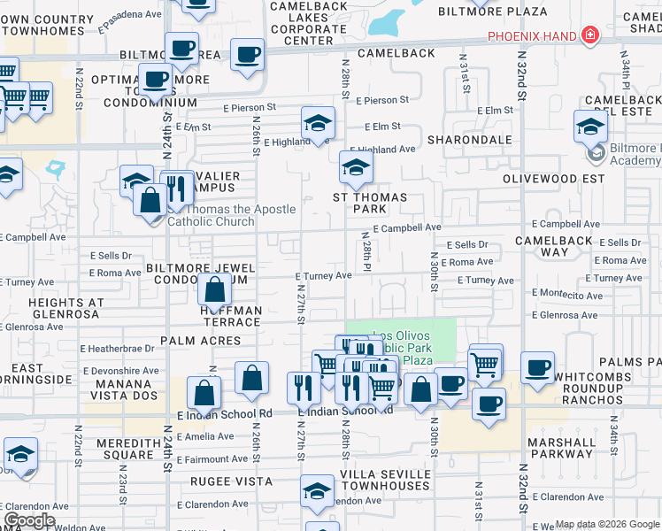 map of restaurants, bars, coffee shops, grocery stores, and more near 2714 East Turney Avenue in Phoenix