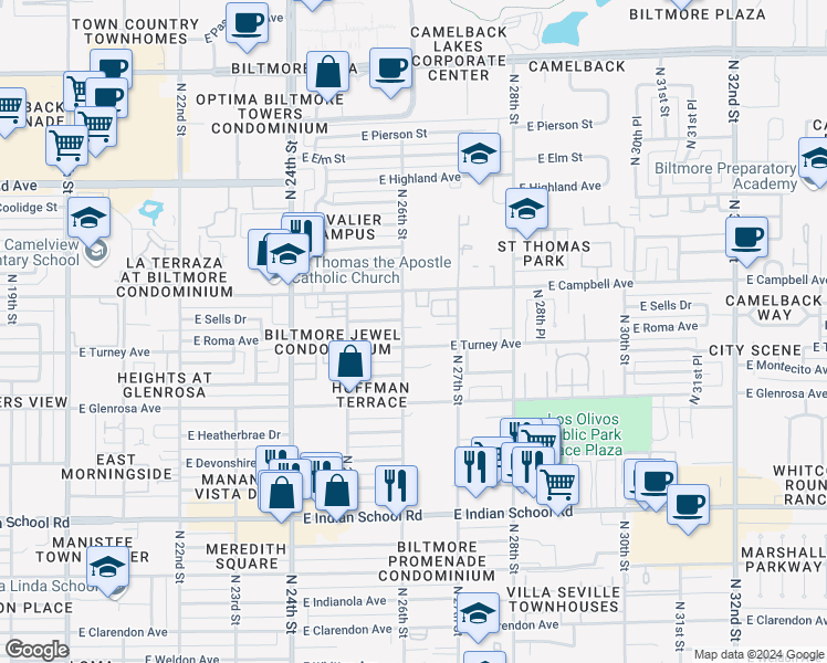map of restaurants, bars, coffee shops, grocery stores, and more near 2545 East Roma Avenue in Phoenix
