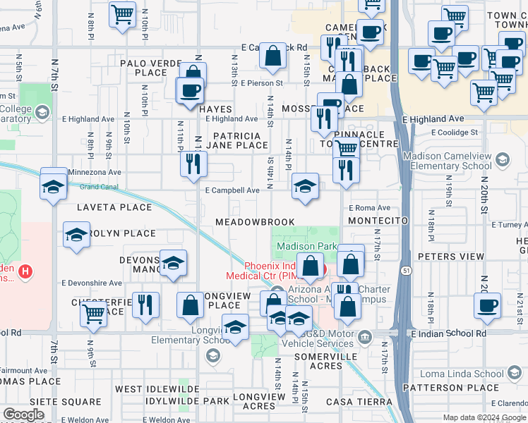 map of restaurants, bars, coffee shops, grocery stores, and more near 4428 North 13th Place in Phoenix