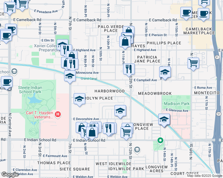 map of restaurants, bars, coffee shops, grocery stores, and more near 1041 East Roma Avenue in Phoenix