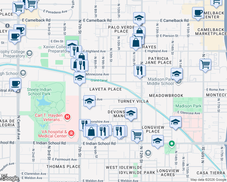 map of restaurants, bars, coffee shops, grocery stores, and more near 1007 East Roma Avenue in Phoenix