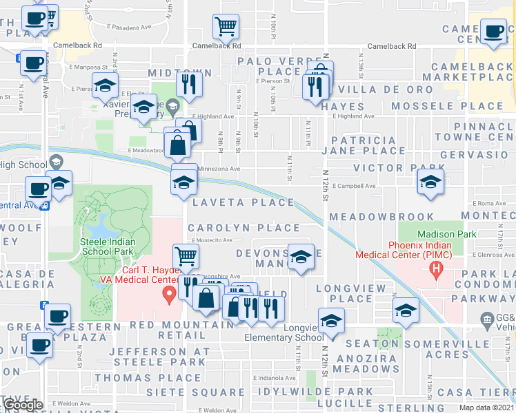 map of restaurants, bars, coffee shops, grocery stores, and more near 1007 East Roma Avenue in Phoenix