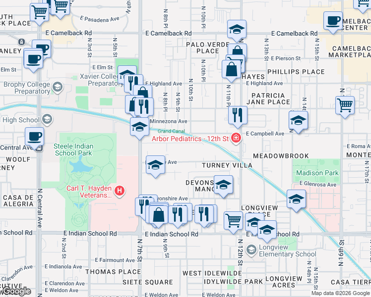 map of restaurants, bars, coffee shops, grocery stores, and more near 1007 East Roma Avenue in Phoenix