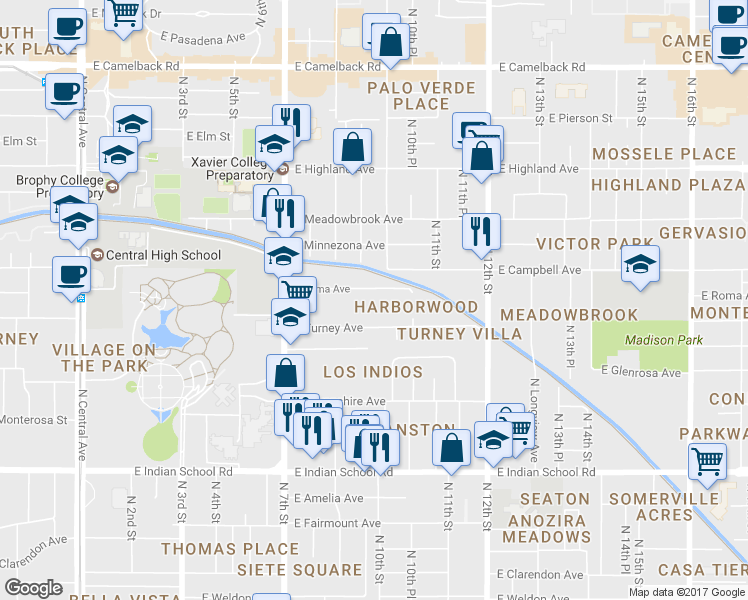 map of restaurants, bars, coffee shops, grocery stores, and more near 1007 East Roma Avenue in Phoenix