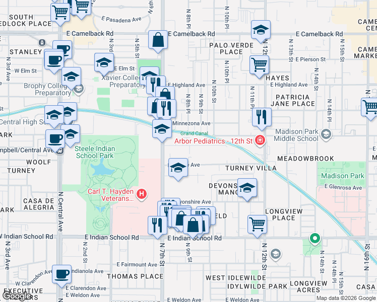 map of restaurants, bars, coffee shops, grocery stores, and more near 805 East Roma Avenue in Phoenix