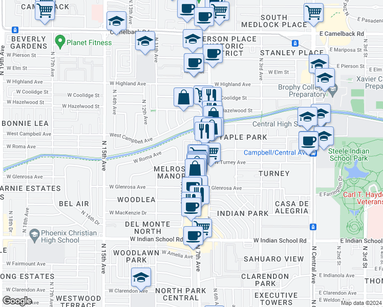 map of restaurants, bars, coffee shops, grocery stores, and more near in Phoenix