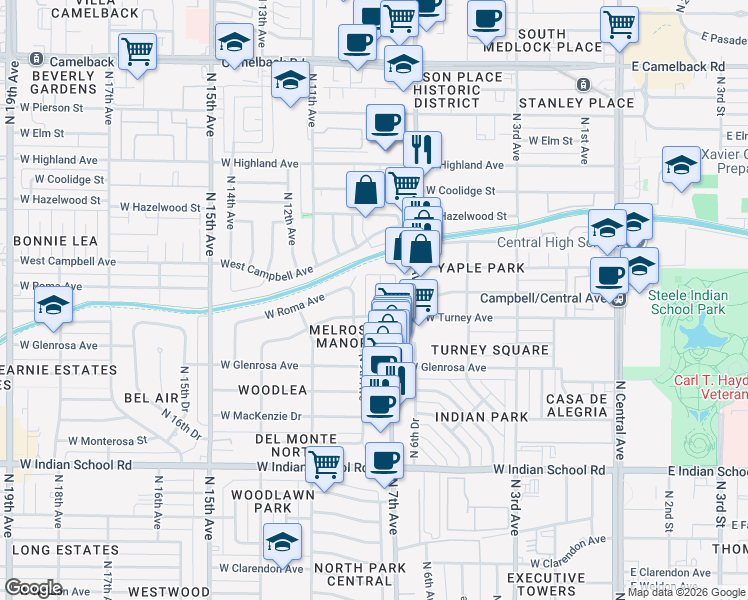 map of restaurants, bars, coffee shops, grocery stores, and more near in Phoenix