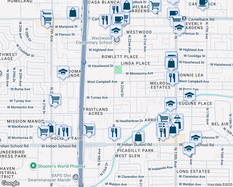 map of restaurants, bars, coffee shops, grocery stores, and more near 4430 North 23rd Avenue in Phoenix
