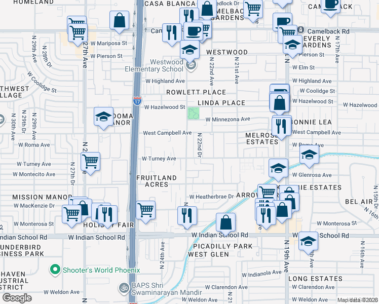 map of restaurants, bars, coffee shops, grocery stores, and more near 4430 North 23rd Avenue in Phoenix