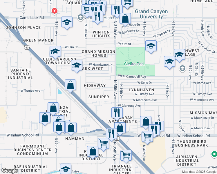 map of restaurants, bars, coffee shops, grocery stores, and more near 4420 North 35th Avenue in Phoenix