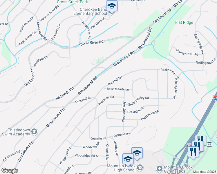 map of restaurants, bars, coffee shops, grocery stores, and more near 3621 Rockhill Road in Birmingham
