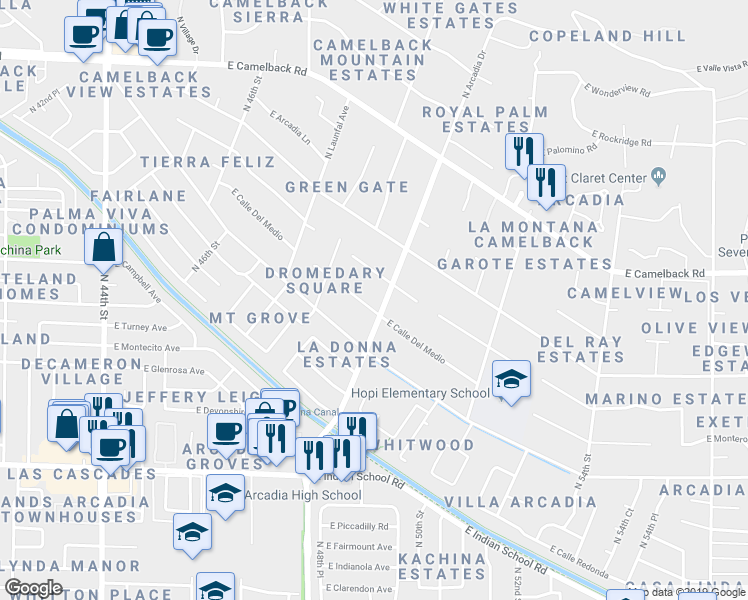 map of restaurants, bars, coffee shops, grocery stores, and more near 4886 East Calle Del Medio in Phoenix