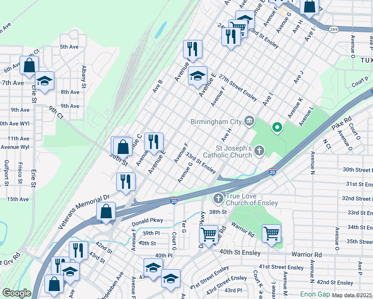 map of restaurants, bars, coffee shops, grocery stores, and more near 3219 Avenue F in Birmingham