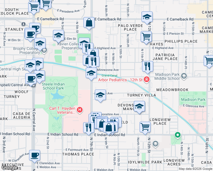 map of restaurants, bars, coffee shops, grocery stores, and more near 805 East Roma Avenue in Phoenix