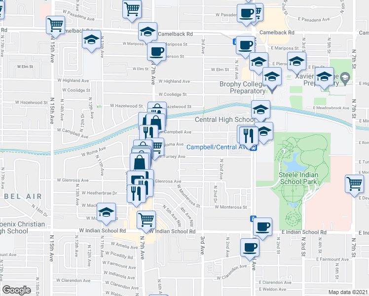 map of restaurants, bars, coffee shops, grocery stores, and more near 351 West Roma Avenue in Phoenix