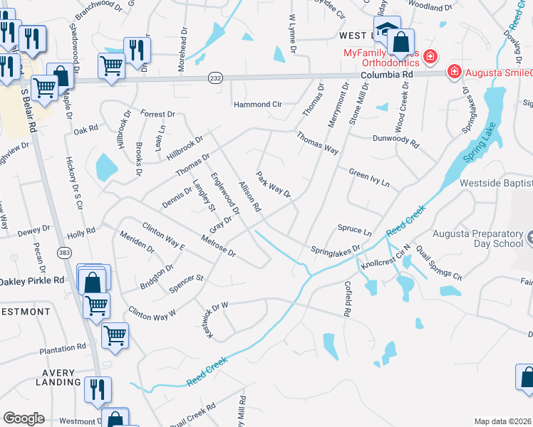 map of restaurants, bars, coffee shops, grocery stores, and more near 506 Merrymont Drive in Augusta