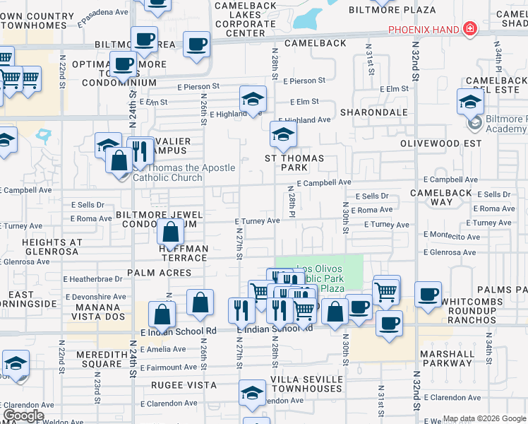 map of restaurants, bars, coffee shops, grocery stores, and more near 2714 East Turney Avenue in Phoenix