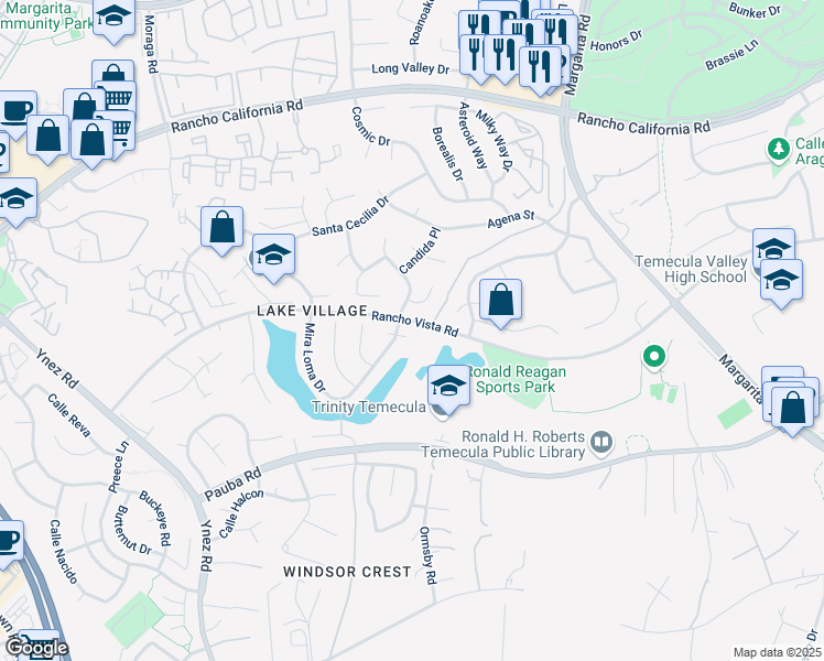 map of restaurants, bars, coffee shops, grocery stores, and more near 30380 Calle Sonora in Temecula