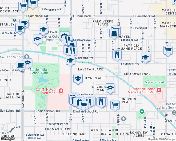 map of restaurants, bars, coffee shops, grocery stores, and more near 913 East Roma Avenue in Phoenix