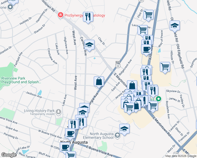 map of restaurants, bars, coffee shops, grocery stores, and more near 110 Arlington Heights in North Augusta