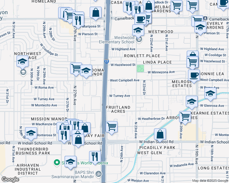 map of restaurants, bars, coffee shops, grocery stores, and more near 2432 West Turney Avenue in Phoenix