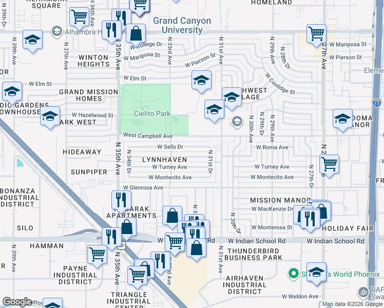 map of restaurants, bars, coffee shops, grocery stores, and more near 3206 West Roma Avenue in Phoenix