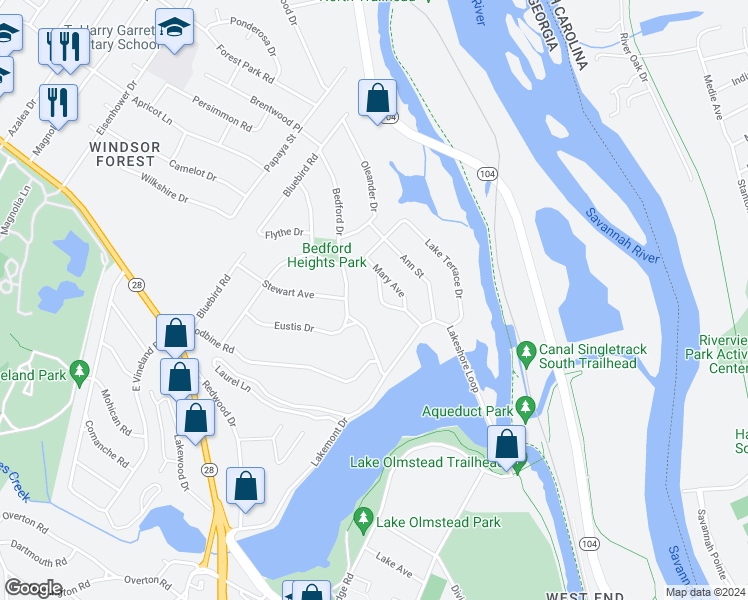 map of restaurants, bars, coffee shops, grocery stores, and more near 812 Ona Drive in Augusta