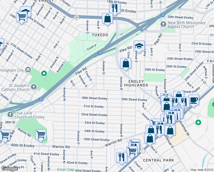 map of restaurants, bars, coffee shops, grocery stores, and more near 1709 28th Street Ensley in Birmingham