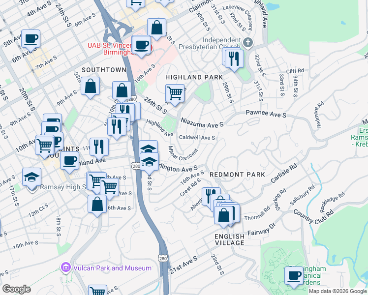 map of restaurants, bars, coffee shops, grocery stores, and more near 1434 Milner Street South in Birmingham
