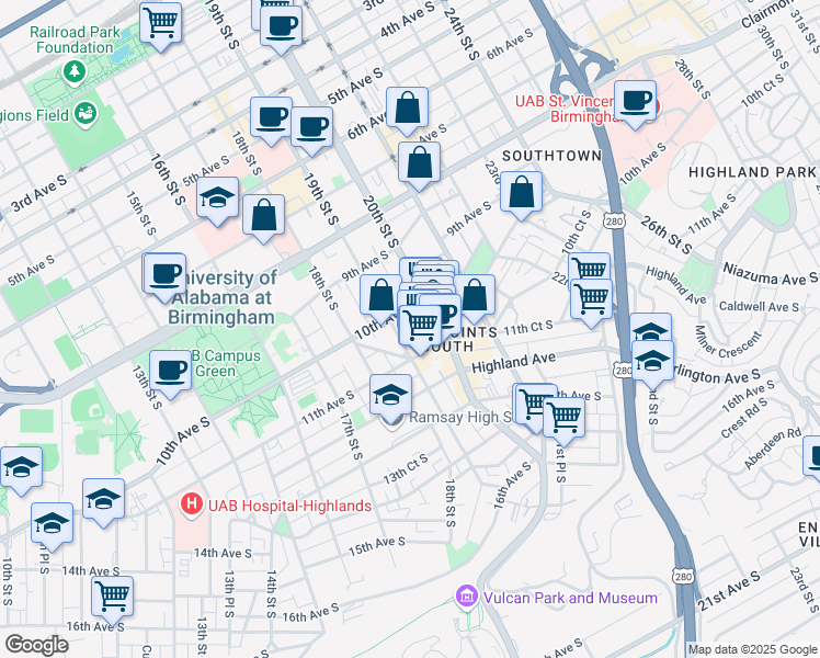 map of restaurants, bars, coffee shops, grocery stores, and more near 1017 19th St S in Birmingham
