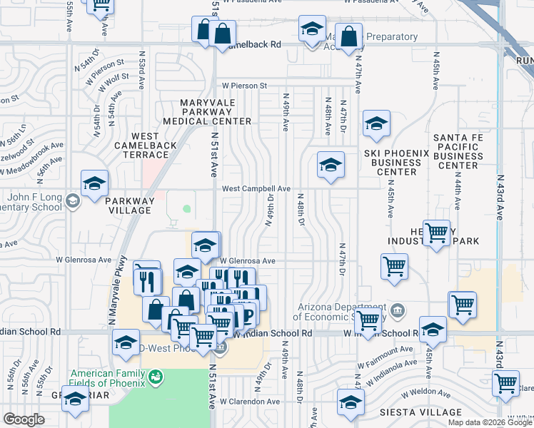 map of restaurants, bars, coffee shops, grocery stores, and more near 4418 North 49th Drive in Phoenix
