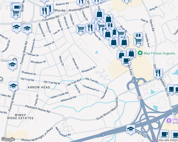 map of restaurants, bars, coffee shops, grocery stores, and more near 3960 Braddock Street in Martinez