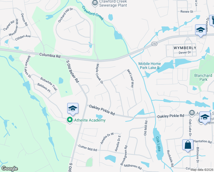 map of restaurants, bars, coffee shops, grocery stores, and more near 126 Maple Creek Drive in Augusta